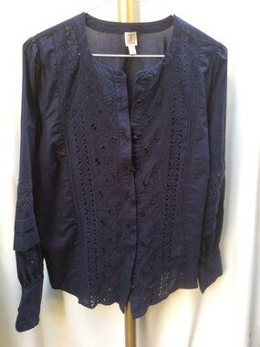TRISTAN Cotton Eyelet Lace Button Up Navy Blouse Size S